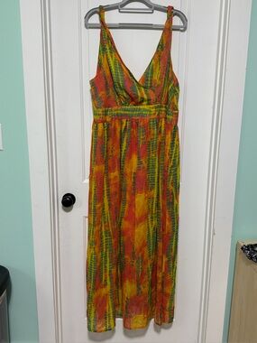 Vibrant Orange & Yellow Maxi Dress with Green Accents